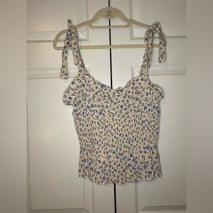 Tie Shoulder Smocked Tank In Taupe Blue by  Elodie - Size XL